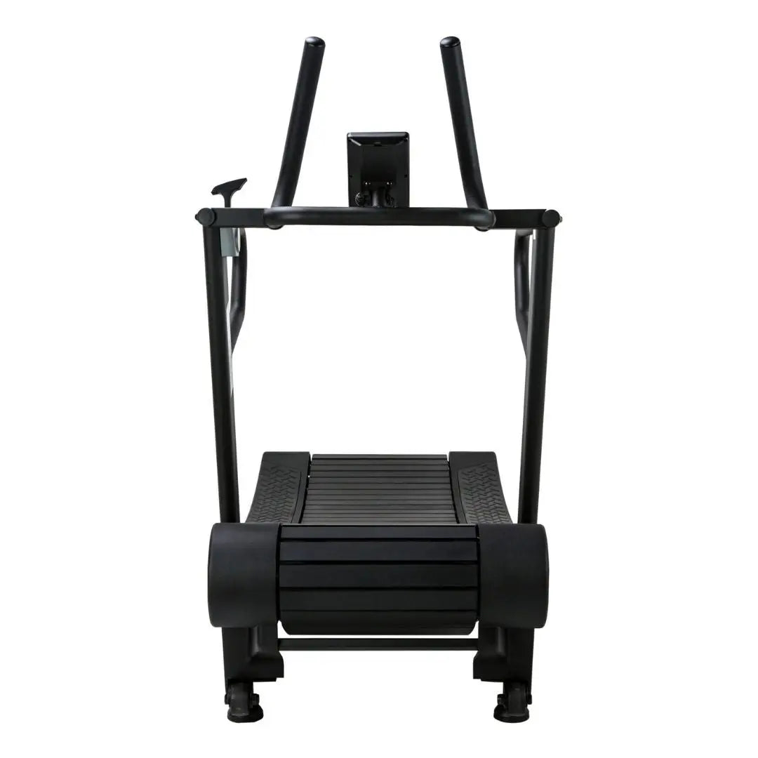 The ATTACK FITNESS - Run Attack curved treadmill in sleek black features dual handrails and a digital display. Its self-powered design optimizes running, with Attack Fitness prominently displayed on the frame.