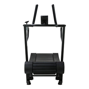 The ATTACK FITNESS - Run Attack curved treadmill in sleek black features dual handrails and a digital display. Its self-powered design optimizes running, with Attack Fitness prominently displayed on the frame.