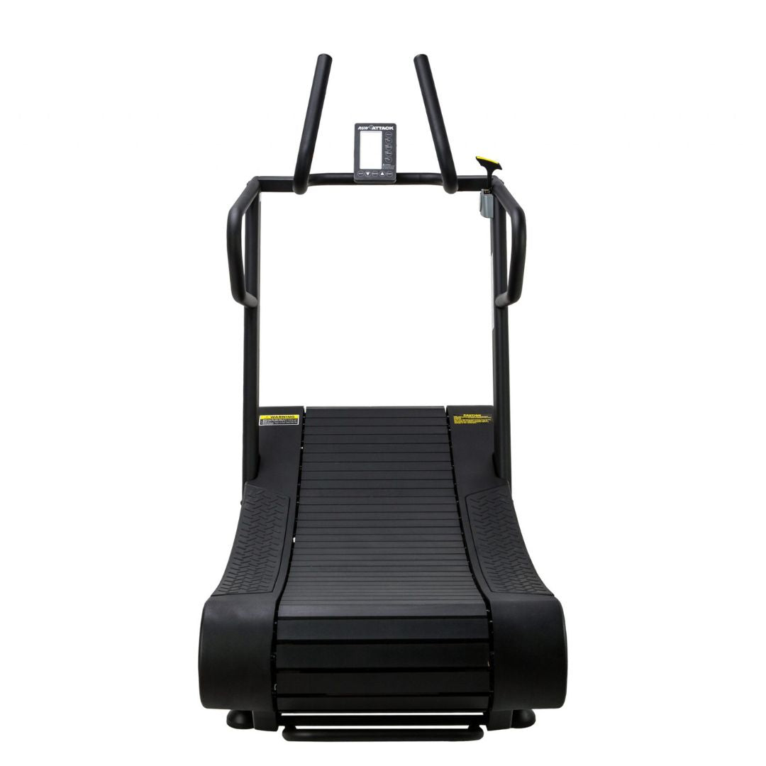 The ATTACK FITNESS Run Attack curved treadmill provides a natural running experience with its self-powered design and sturdy handlebars, making it ideal for high-intensity workouts.