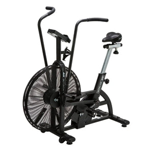 The Attack Fitness Air Attack Bike is a commercial air resistance cardio machine featuring a large fan wheel, upright handles, pedals, and an adjustable seat for intense full-body indoor workouts.