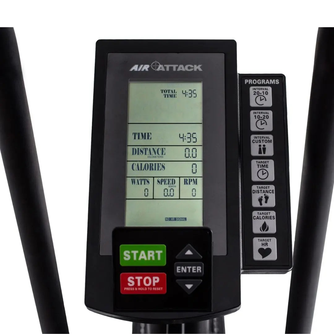 The Attack Fitness Air Attack Bike is a commercial air resistance cardio machine featuring a large fan wheel, upright handles, pedals, and an adjustable seat for intense full-body indoor workouts.