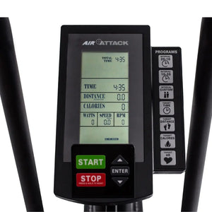 The Attack Fitness Air Attack Bike is a commercial air resistance cardio machine featuring a large fan wheel, upright handles, pedals, and an adjustable seat for intense full-body indoor workouts.