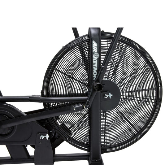 Introducing the ATTACK FITNESS - Air Attack: a black air resistance exercise bike ideal for home workouts. It features a large front fan wheel, dual handlebars, and an adjustable seat for full-body workouts. Built robustly by Attack Fitness, it’s perfect for high-intensity exercise sessions.