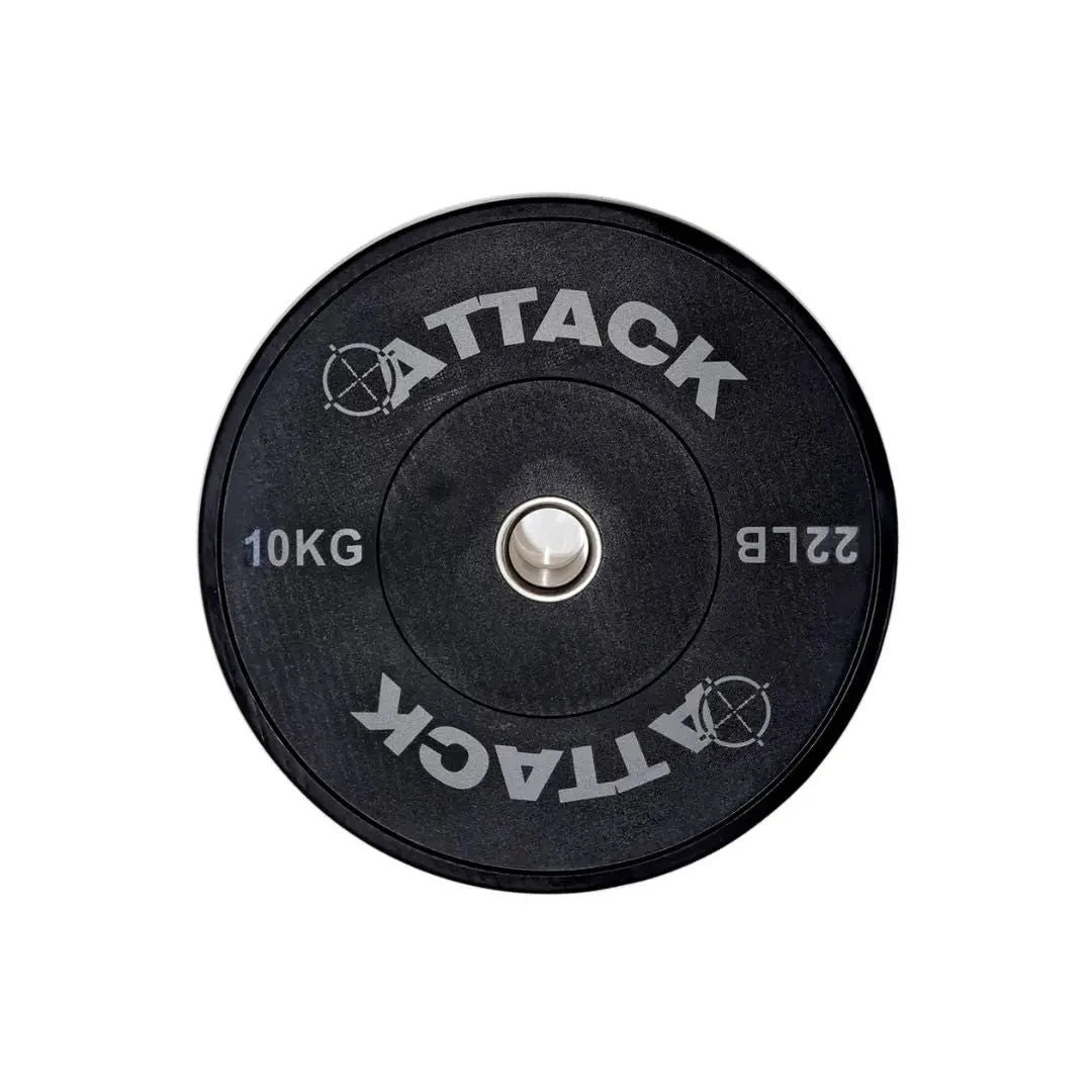 The ATTACK Strength Olympic solid rubber black bumper plate by Attack Fitness features ATTACK with an anarchy symbol for the A, marked 5 KG and 11 LB. Its ideal for weightlifting and strength training with a silver center.