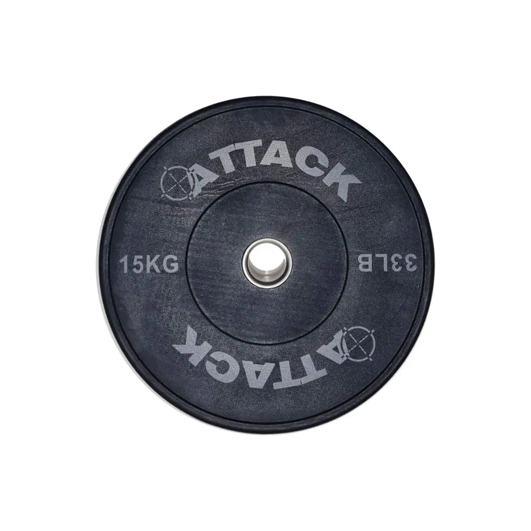 The ATTACK Strength Olympic solid rubber black bumper plate by Attack Fitness features ATTACK with an anarchy symbol for the A, marked 5 KG and 11 LB. Its ideal for weightlifting and strength training with a silver center.