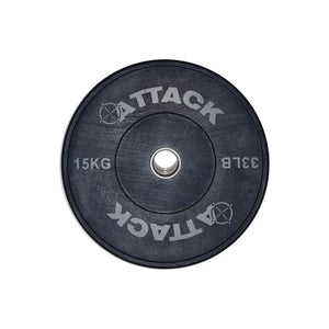 The ATTACK Strength Olympic solid rubber black bumper plate by Attack Fitness features ATTACK with an anarchy symbol for the A, marked 5 KG and 11 LB. Its ideal for weightlifting and strength training with a silver center.