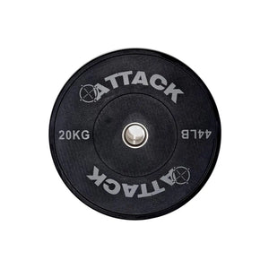 The ATTACK Strength Olympic solid rubber black bumper plate by Attack Fitness features ATTACK with an anarchy symbol for the A, marked 5 KG and 11 LB. Its ideal for weightlifting and strength training with a silver center.
