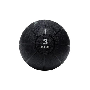 An Attack Fitness Medicine Ball (8kg) in black, featuring a textured surface and grooves with white 8 KGS text at the center, ideal for power, strength & functional training, shown from above on a white background.