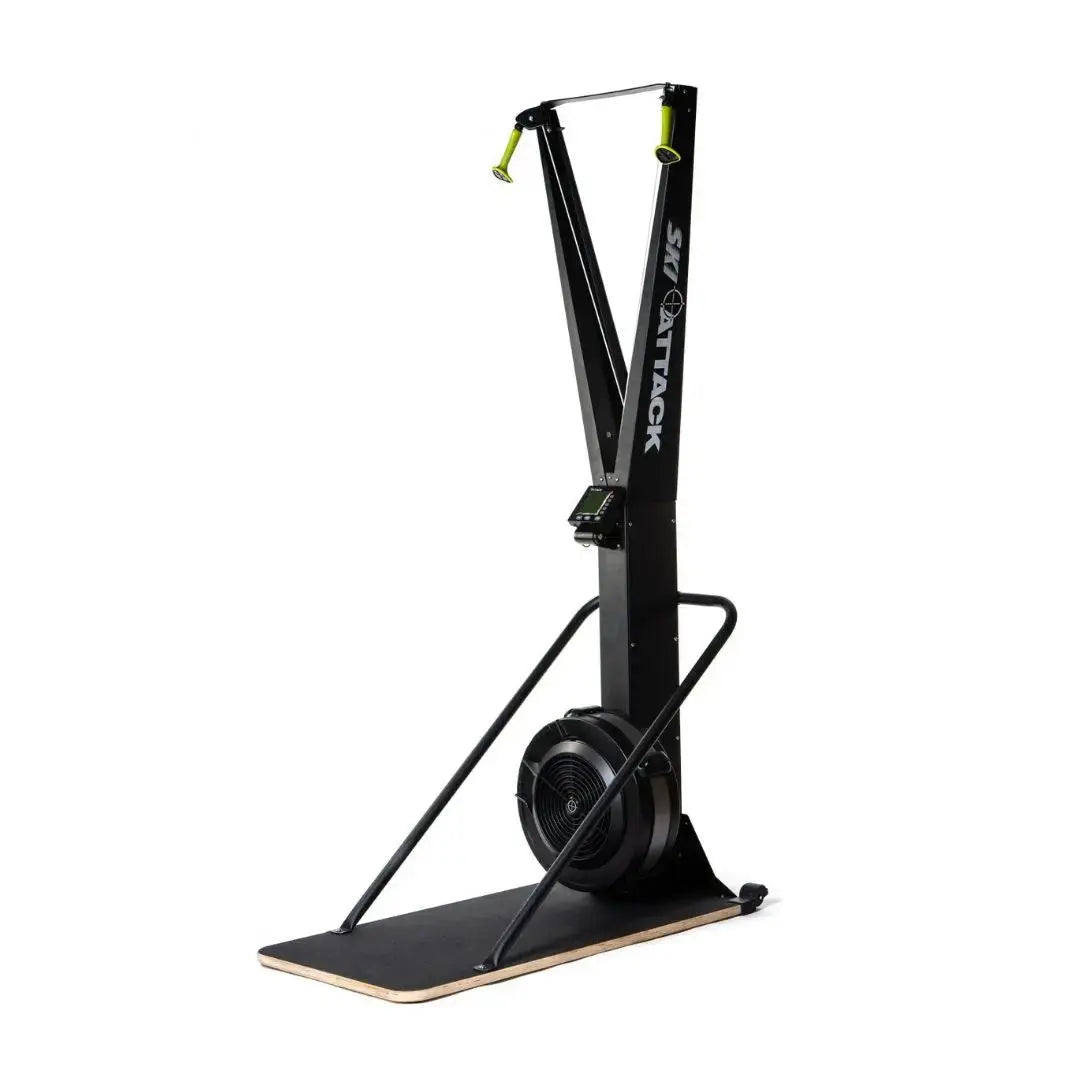 Front view of the Attack Fitness Ski Attack – Ski Trainer Floor Stand, a heavy-duty Freestanding Base for SkiErg machines, with upright handles and a round fan, black steel construction, isolated on a white background.