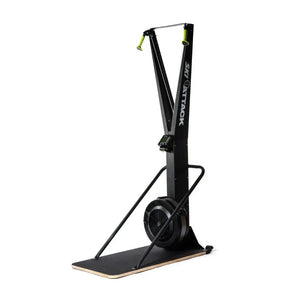 Front view of the Attack Fitness Ski Attack – Ski Trainer Floor Stand, a heavy-duty Freestanding Base for SkiErg machines, with upright handles and a round fan, black steel construction, isolated on a white background.