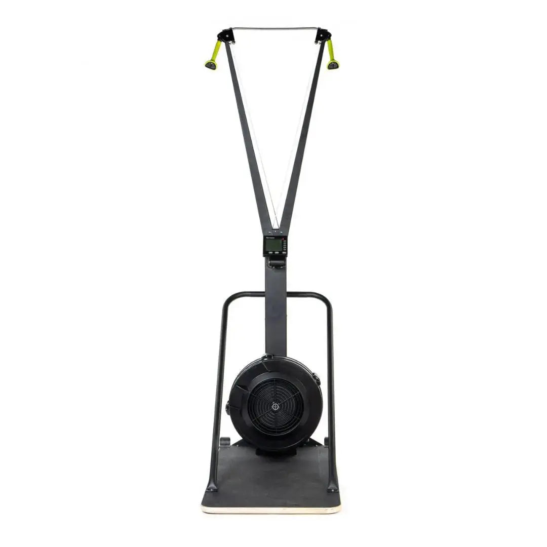 Front view of the Attack Fitness Ski Attack – Ski Trainer Floor Stand, a heavy-duty Freestanding Base for SkiErg machines, with upright handles and a round fan, black steel construction, isolated on a white background.