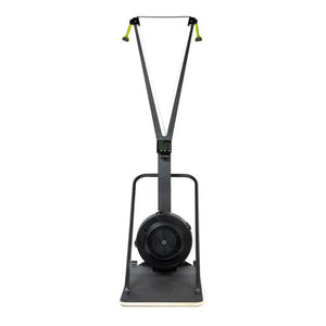 Front view of the Attack Fitness Ski Attack – Ski Trainer Floor Stand, a heavy-duty Freestanding Base for SkiErg machines, with upright handles and a round fan, black steel construction, isolated on a white background.