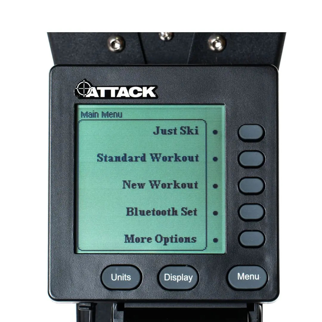 The ATTACK FITNESS Ski Attack is a sleek black ski trainer with green-accented handles, designed for a full-body workout. It features two vertical poles, handles, and a digital display. The sturdy base includes a fan mechanism for resistance, perfect for Nordic skiing enthusiasts.
