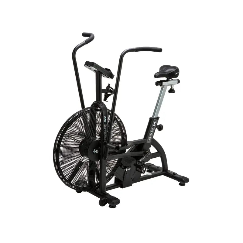 Introducing the ATTACK FITNESS - Air Attack: a black air resistance exercise bike ideal for home workouts. It features a large front fan wheel, dual handlebars, and an adjustable seat for full-body workouts. Built robustly by Attack Fitness, it’s perfect for high-intensity exercise sessions.