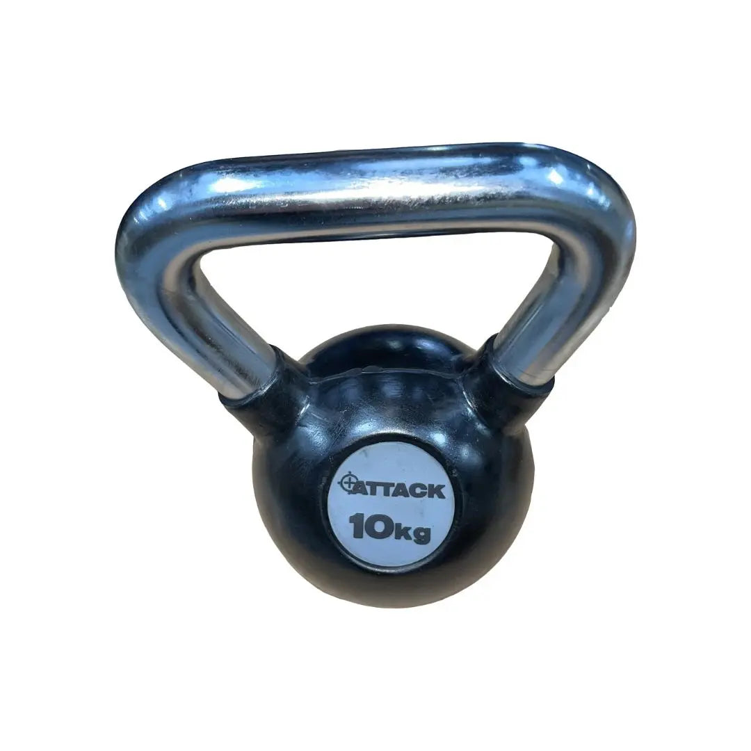 The Attack Fitness Chrome Handle Rubber Kettlebell, shown here in black with a chrome handle and 24kg label, is set against a plain white background.