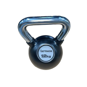 The Attack Fitness Chrome Handle Rubber Kettlebell, shown here in black with a chrome handle and 24kg label, is set against a plain white background.
