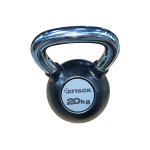 The Attack Fitness Chrome Handle Rubber Kettlebell, shown here in black with a chrome handle and 24kg label, is set against a plain white background.