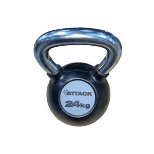 The Attack Fitness Chrome Handle Rubber Kettlebell, shown here in black with a chrome handle and 24kg label, is set against a plain white background.