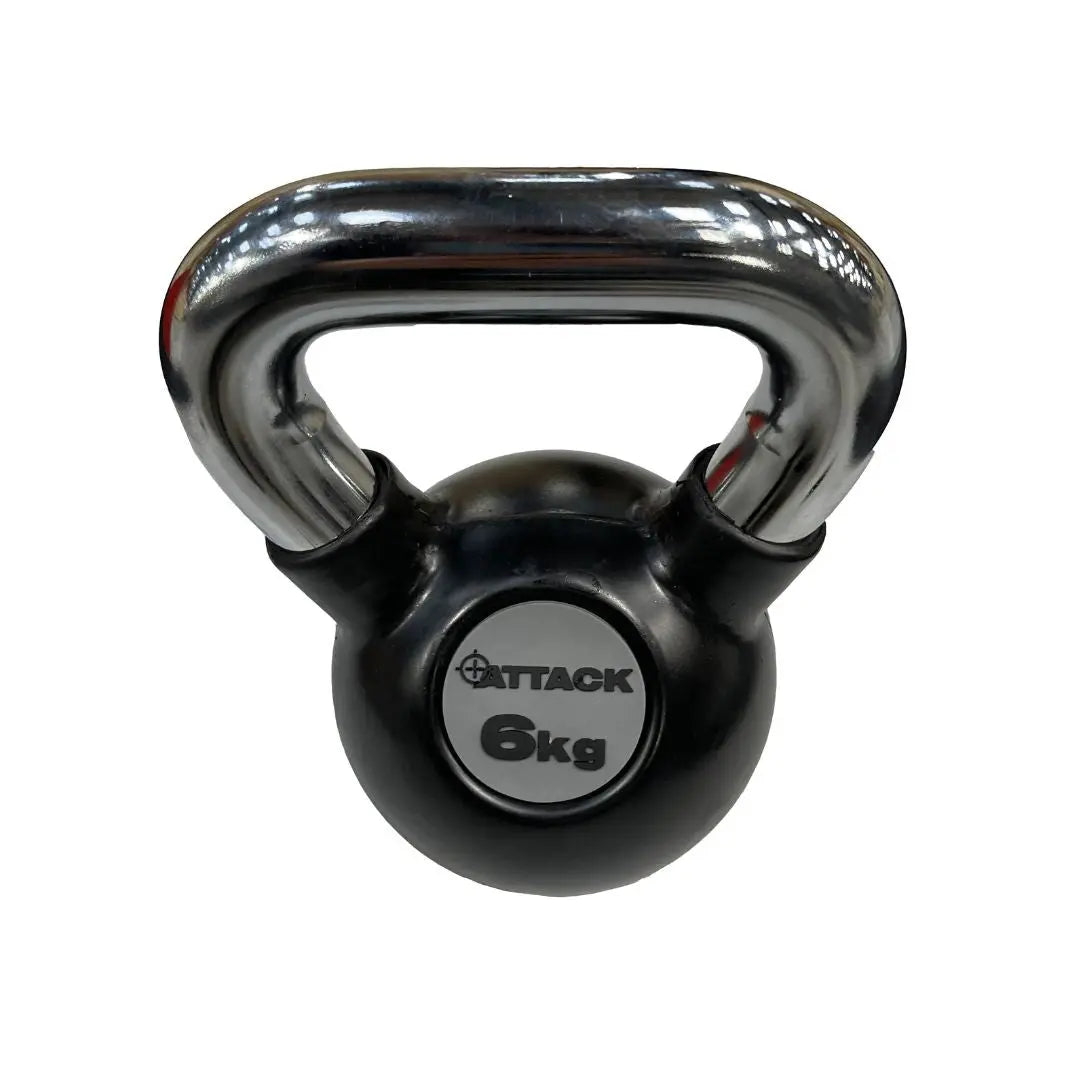 The Attack Fitness Chrome Handle Rubber Kettlebell, shown here in black with a chrome handle and 24kg label, is set against a plain white background.