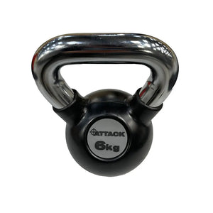 The Attack Fitness Chrome Handle Rubber Kettlebell, shown here in black with a chrome handle and 24kg label, is set against a plain white background.