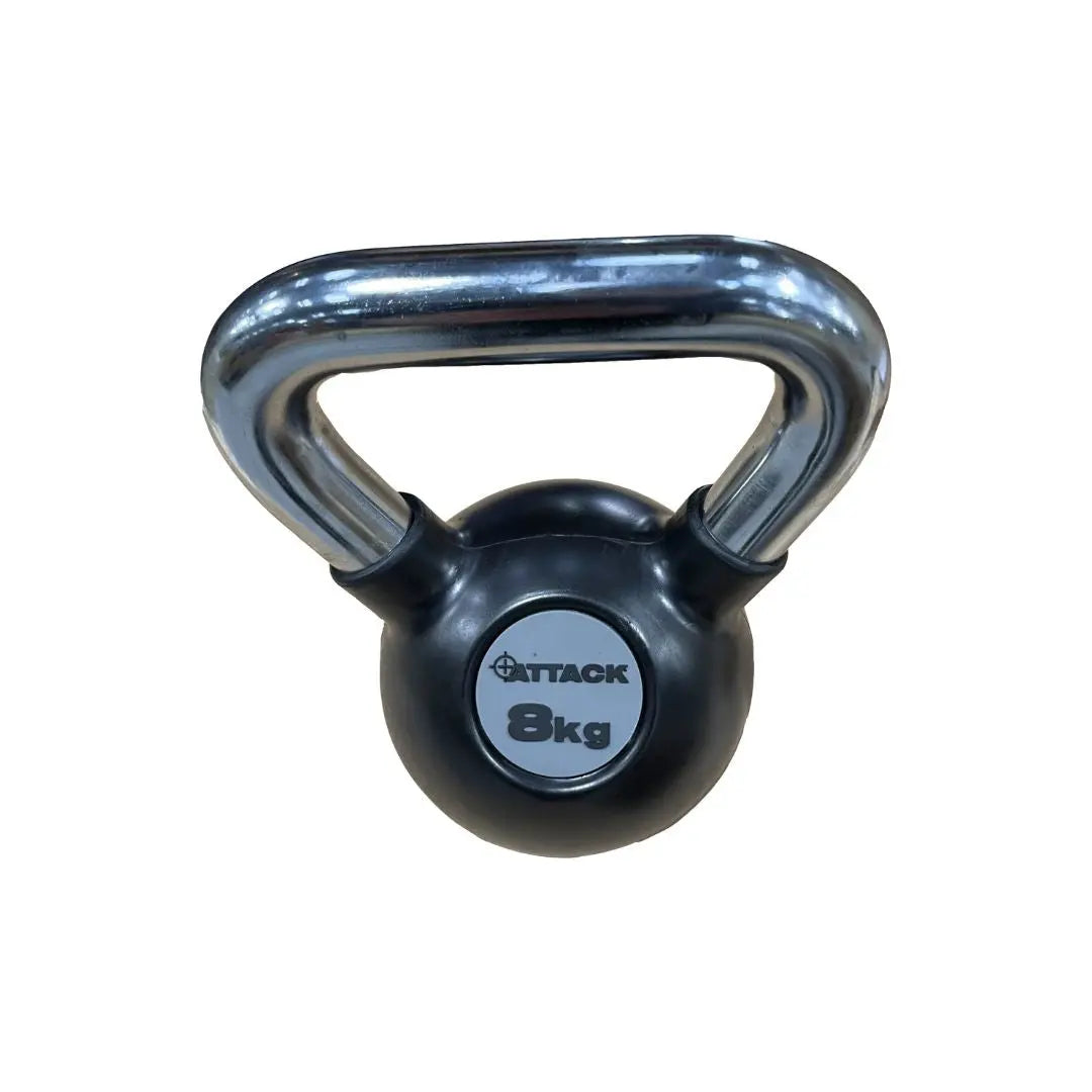 The Attack Fitness Chrome Handle Rubber Kettlebell, shown here in black with a chrome handle and 24kg label, is set against a plain white background.