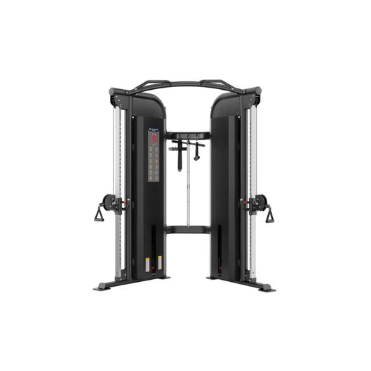 The Attack Strength Dual Adjustable Pulley by Attack Fitness is a black commercial cable trainer with dual 100kg stacks, two adjustable pulleys, included handles, a pull-up bar, and central instructional display for strength and resistance training.