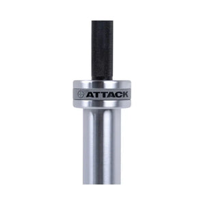 A close-up of the Attack Fitness Olympic 7ft Bar’s end cap shows “20” and Tactical/Strike text around a crosshair. The Cerakote Black finish is visible as the bar, 1500lb tested, angles away on a white background.