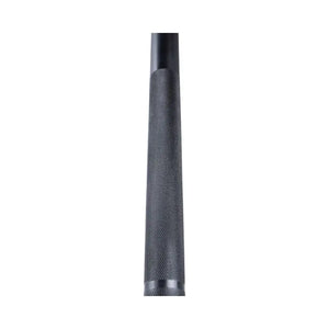 A close-up of the Attack Fitness Olympic 7ft Bar’s end cap shows “20” and Tactical/Strike text around a crosshair. The Cerakote Black finish is visible as the bar, 1500lb tested, angles away on a white background.