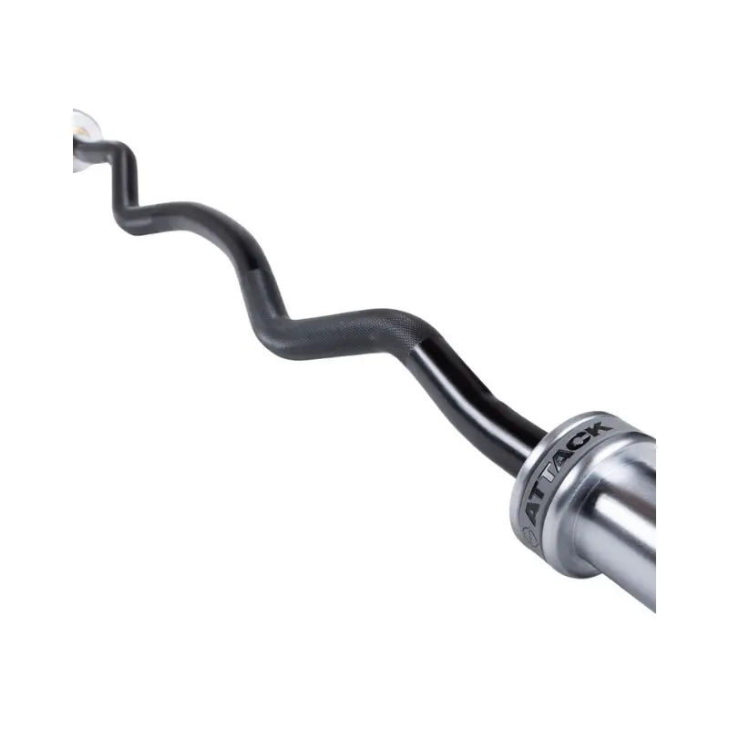 A close-up of the Attack Fitness Olympic EZ Curl Bar – Cerakote Black, highlighting its curved design and Cerakote Black finish, shown from above with the bar’s curves extending outward.