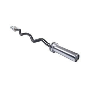 A close-up of the Attack Fitness Olympic EZ Curl Bar – Cerakote Black, highlighting its curved design and Cerakote Black finish, shown from above with the bar’s curves extending outward.