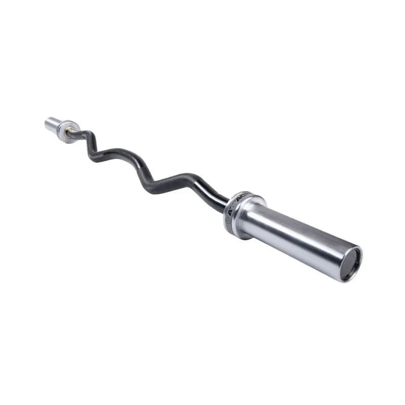 A close-up of the Attack Fitness Olympic EZ Curl Bar – Cerakote Black, highlighting its curved design and Cerakote Black finish, shown from above with the bar’s curves extending outward.