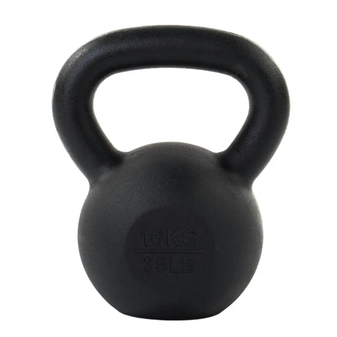 The Attack Fitness Cast Iron Kettlebell (12kg), shown in black with the weight engraved on the front, is perfect for home gym strength training.