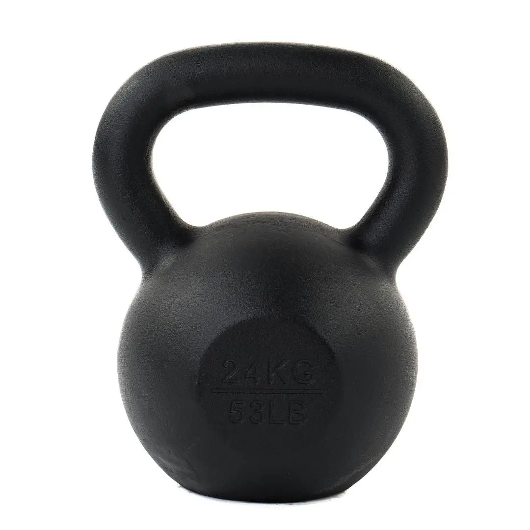 The Attack Fitness Cast Iron Kettlebell (12kg), shown in black with the weight engraved on the front, is perfect for home gym strength training.
