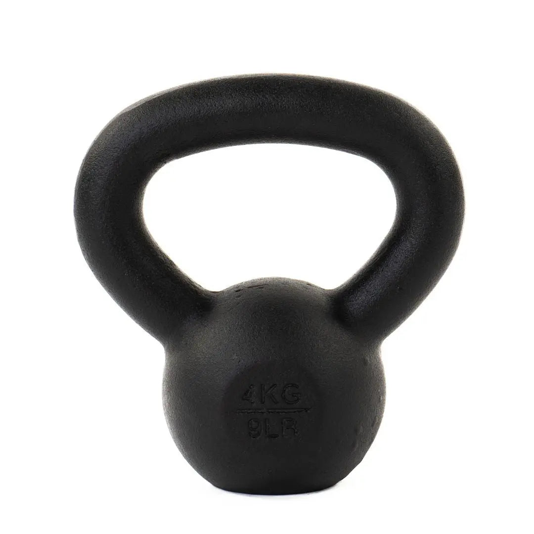 The Attack Fitness Cast Iron Kettlebell (12kg), shown in black with the weight engraved on the front, is perfect for home gym strength training.