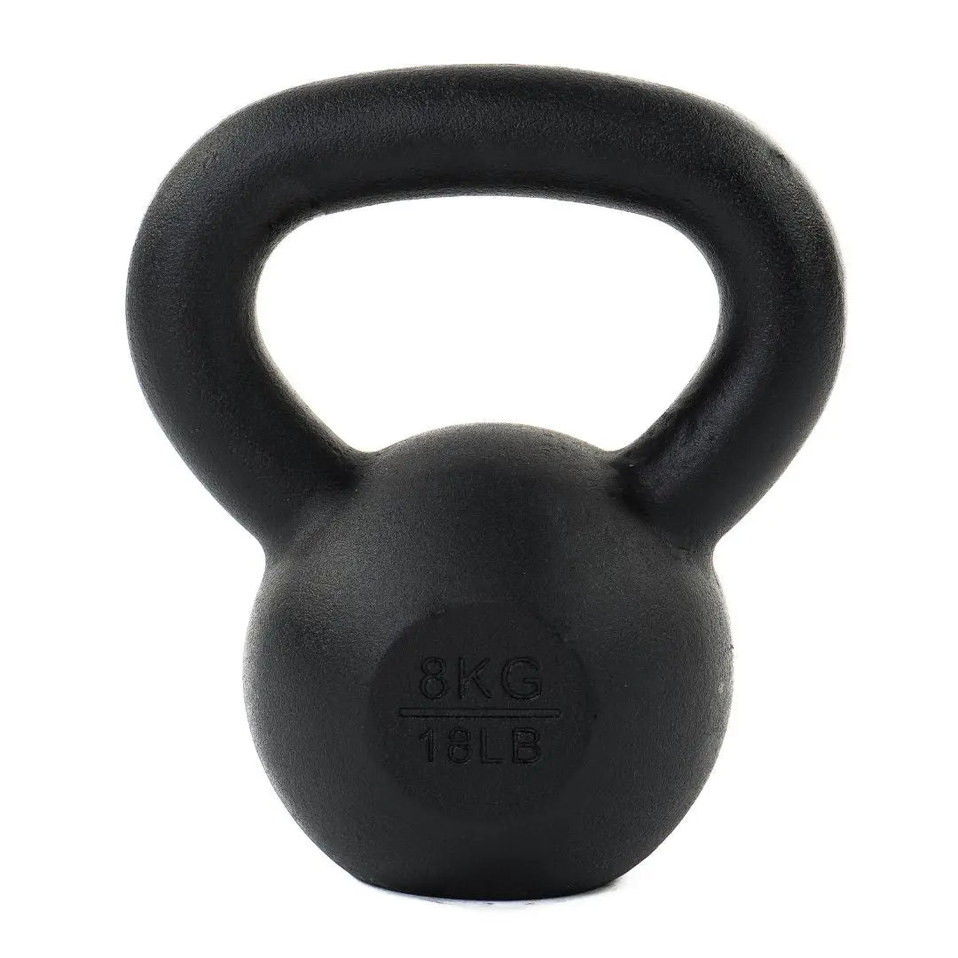 The Attack Fitness Cast Iron Kettlebell (12kg), shown in black with the weight engraved on the front, is perfect for home gym strength training.
