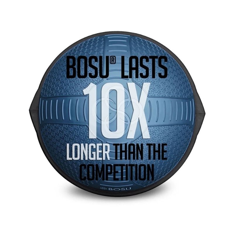 A blue Jordan BOSU® NexGen™ Professional Balance Trainer features textured grips, a logo, and text: "BOSU LASTS 10X LONGER THAN THE COMPETITION," making it perfect functional training gear for serious athletes.