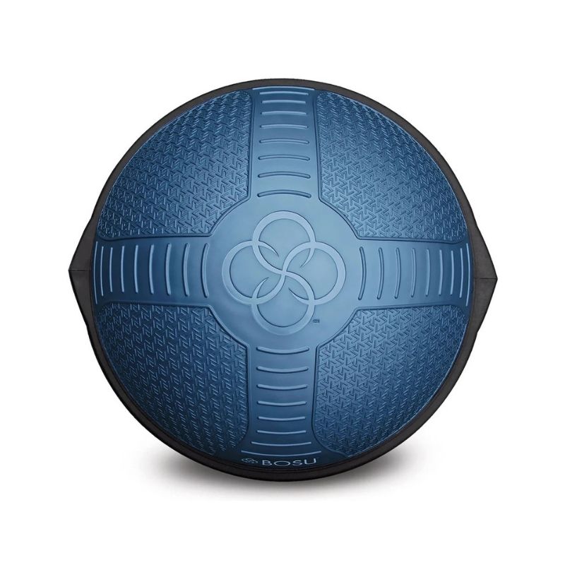 The Jordan BOSU® NexGen™ Professional Balance Trainer features a blue, textured surface with a central flower design, viewed from above on white—ideal for commercial gyms and functional training equipment needs.