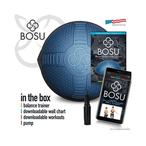 The Jordan BOSU® NexGen™ Professional Balance Trainer comes in blue with a pump, wall chart, and devices for downloadable workouts. Made in the USA, this functional training equipment's contents are listed on the packaging.