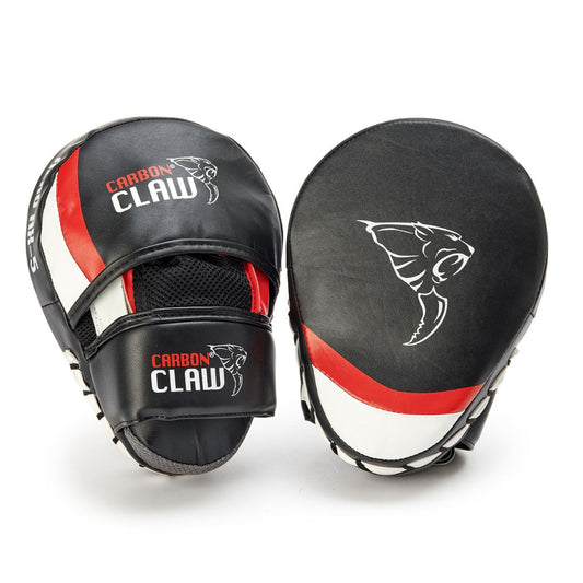 Two black and white CARBON CLAW - AERO AX5 Hook & Jab Training Pads, featuring red accents and a claw logo. One displays the palm side with straps, while the other shows the curved front. Ideal for training sessions.