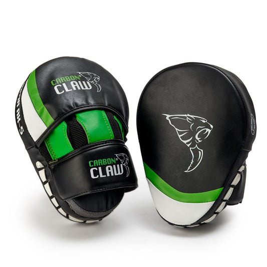 The CARBON CLAW - ARMA AX5 Hook & Jab Training Pads feature a black, white, and green design with the Carbon Claw logo and a distinctive claw pattern on the right pad, set against a clean white backdrop.