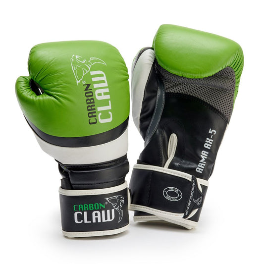A pair of CARBON CLAW - ARMA AX5 Spar Training Gloves in green and black with white details. One glove shows the palm with Carbon Claw and Arma AX-5 branding and a logo, while the other highlights the front, designed for top-tier boxing performance.