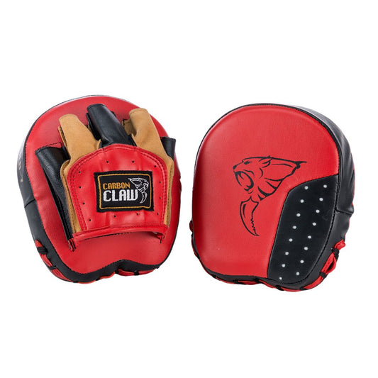 The CARBON CLAW - PRO X-ILD Cuban Speed Pads in red and black leather feature a roaring animal logo and Carbon Claw branding. One pad highlights the logo, while the other showcases impact absorption with finger slots and brand patch, ideal for speed training.