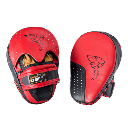 The CARBON CLAW - PRO X-ILD Hook & Jab Pads are red and black mitts with a stylized panther head logo. Made by Carbon Claw, these leather pads feature advanced impact-absorption technology, curved design, perforations, and secure straps for heavy-hitting sessions.