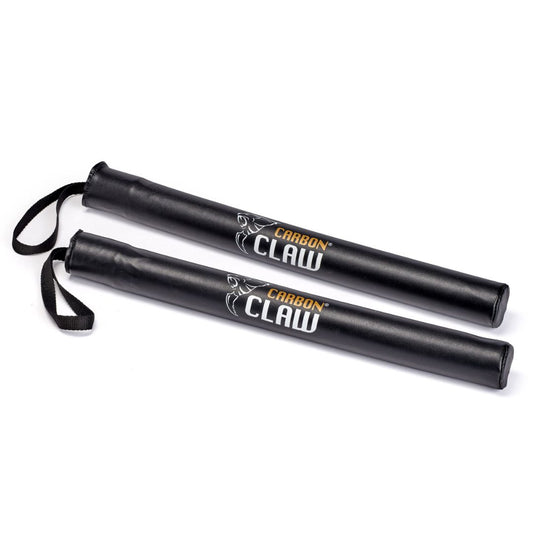 Two sleek black CARBON CLAW - RECOIL RB-7 coaching sticks, crafted from lightweight foam with wrist straps for easy handling, lie parallel on a pristine white background.