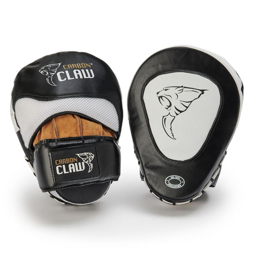 The CARBON CLAW - RECOIL RX-7 Hook & Jab Training Pads by Carbon Claw are two black and white leather boxing focus mitts. One features a striking surface with a claw illustration, while the other shows the glove portion branded with Carbon Claw. Perfect for boxing training.
