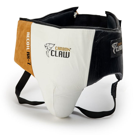 The CARBON CLAW - RECOIL RX-7 Series Groin Guard is a premium leather protector for combative sports, featuring a white, black, and brown design with adjustable straps for optimal safety and comfort, making it ideal protective gear for contact sports athletes.
