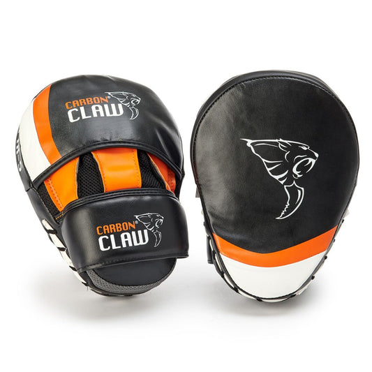 The CARBON CLAW - SABRE TX5 Hook & Jab Training Pads are lightweight, shock-absorbent black and orange boxing mitts. Featuring the CARBON CLAW logo and claw design, they include a ventilation area and white accents to enhance performance during home gym training sessions.