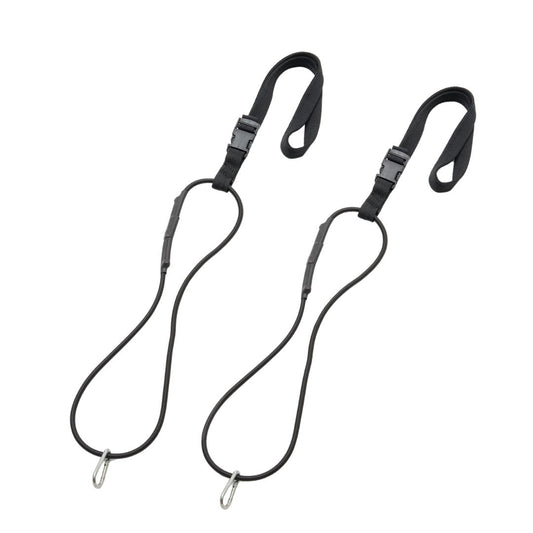 The CARBON CLAW Floor To Ceiling Reaction Ball Straps by Carbon Claw are black and feature durable construction with hooks on one end and adjustable buckles on the other, perfect for securing items. The simple loop design offers customizable use with a sturdy build.
