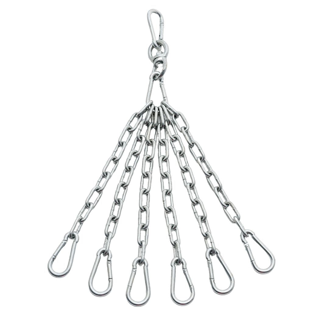 The Carbon Claw Heavy Duty Punch Bag Chain features a metal chain structure with a central top ring and six individual chains, each ending in a carabiner hook. This fan-like design ensures secure attachment and optimal movement for bags up to 75kg.
