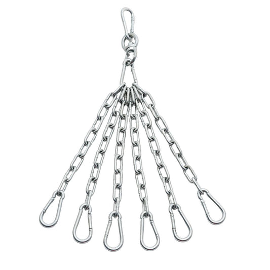 The Carbon Claw Heavy Duty Punch Bag Chain features a metal chain structure with a central top ring and six individual chains, each ending in a carabiner hook. This fan-like design ensures secure attachment and optimal movement for bags up to 75kg.